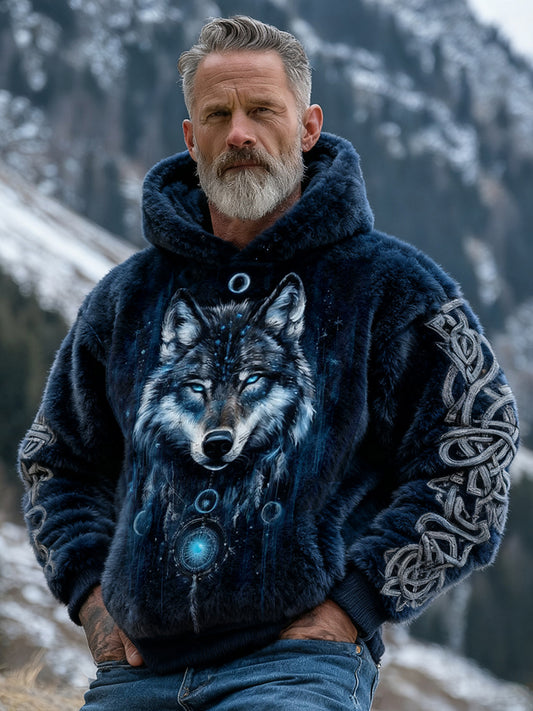 Cardydony Men's Retro Viking Wolf Celtic Design Pattern Flannel Hoodie