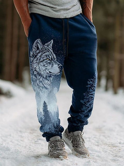 Cardydony Men's Retro Viking Wolf Head Pattern Comfortable Knit Pants