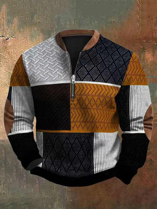 Cardydony Men's Retro Western Textured Print Zip Collar Sweatshirt