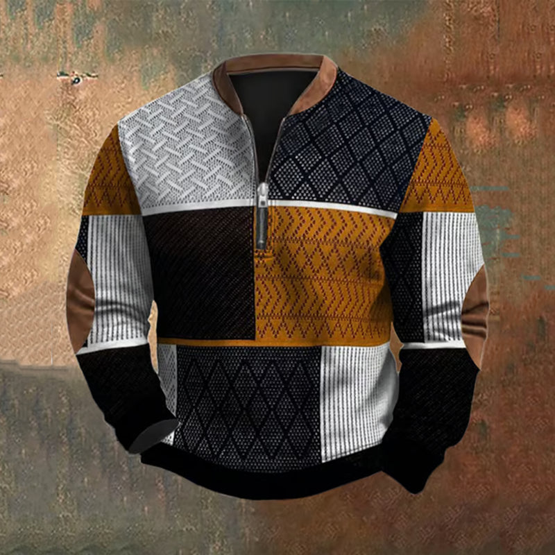 Cardydony Men's Retro Western Textured Print Zip Collar Sweatshirt