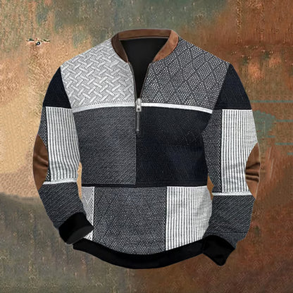 Cardydony Men's Retro Western Textured Print Zip Collar Sweatshirt