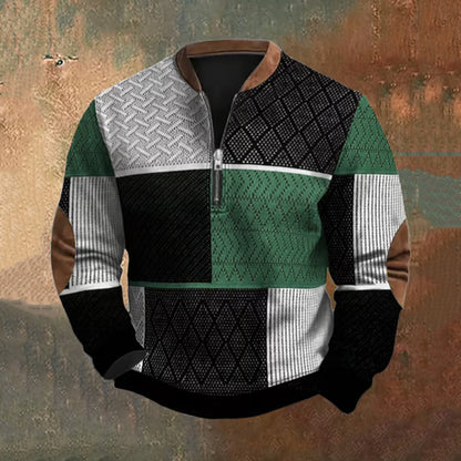 Cardydony Men's Retro Western Textured Print Zip Collar Sweatshirt