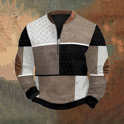 Cardydony Men's Retro Western Textured Print Zip Collar Sweatshirt