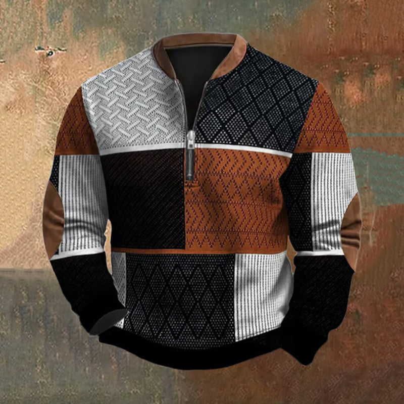 Cardydony Men's Retro Western Textured Print Zip Collar Sweatshirt