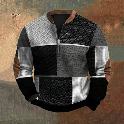 Cardydony Men's Retro Western Textured Print Zip Collar Sweatshirt