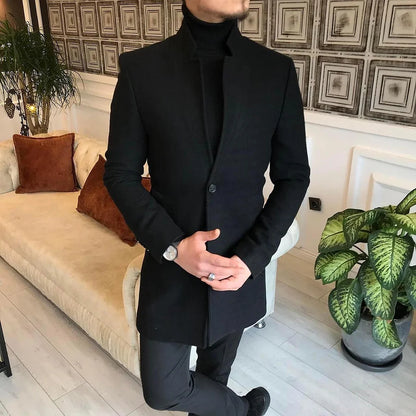 Cardydony Men's Solid Color Business Standing Collar Mid Length Coat
