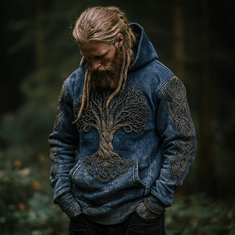 Cardydony Men's Viking Celtic Knot Tree Of Life Embroidery Warm Hoodie