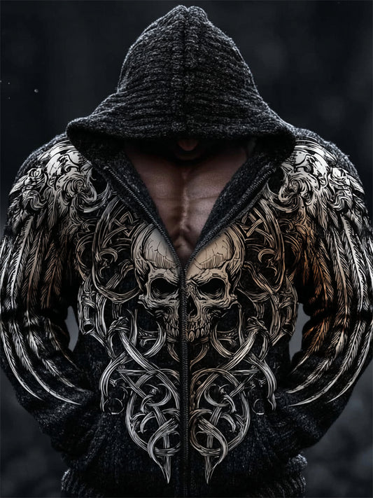 Cardydont Men's Viking Skull With Wings Celtic Cozy Hooded Cardigan