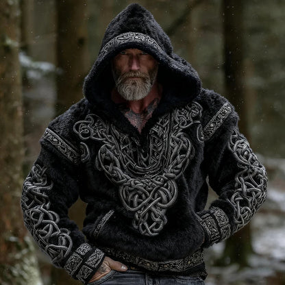 Cardydony Men's Viking Tribal Celtic Knot Jacquard Art Plush Warm Flannel Hoodie