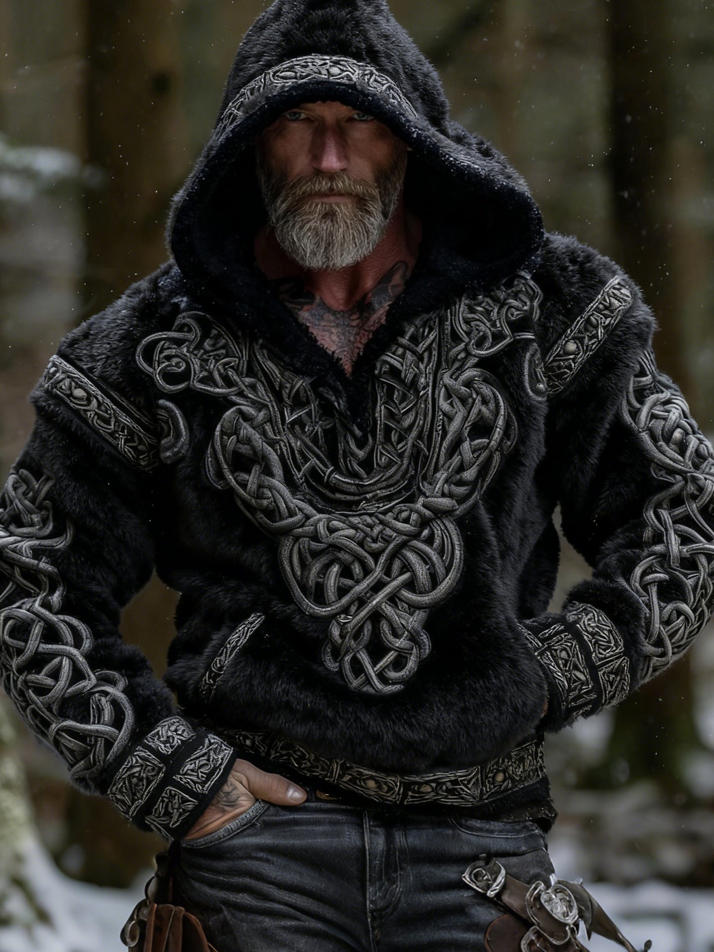 Cardydony Men's Viking Tribal Celtic Knot Jacquard Art Plush Warm Flannel Hoodie