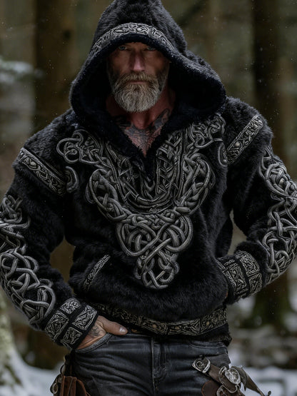 Cardydony Men's Viking Tribal Celtic Knot Jacquard Art Plush Warm Flannel Hoodie