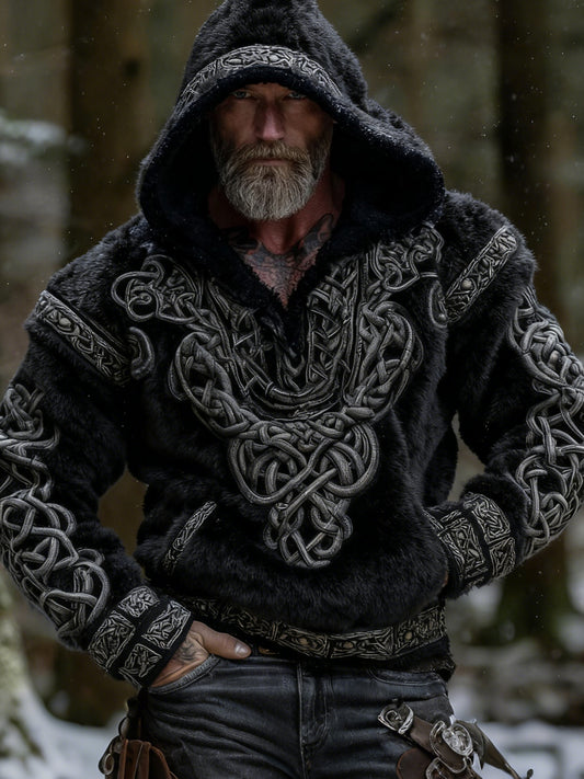 Cardydony Men's Viking Tribal Celtic Knot Jacquard Art Plush Warm Flannel Hoodie