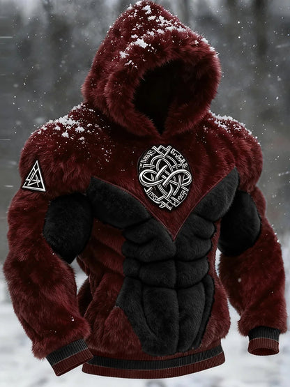 Cardydony Men's Viking Tribal Jacquard Celtic Muscle Line Inspired Art Plush Warm Hoodie