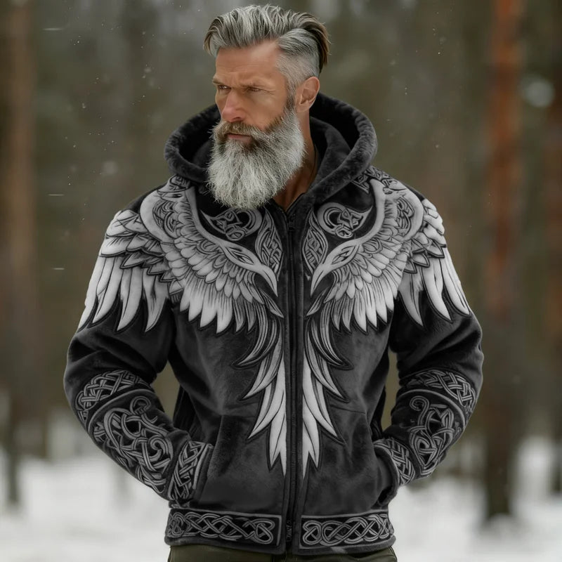 Cardydony Men's Viking Tribal Jacquard Celtic With Wings Inspired Art Plush Warm Zipped Hooded Jacket