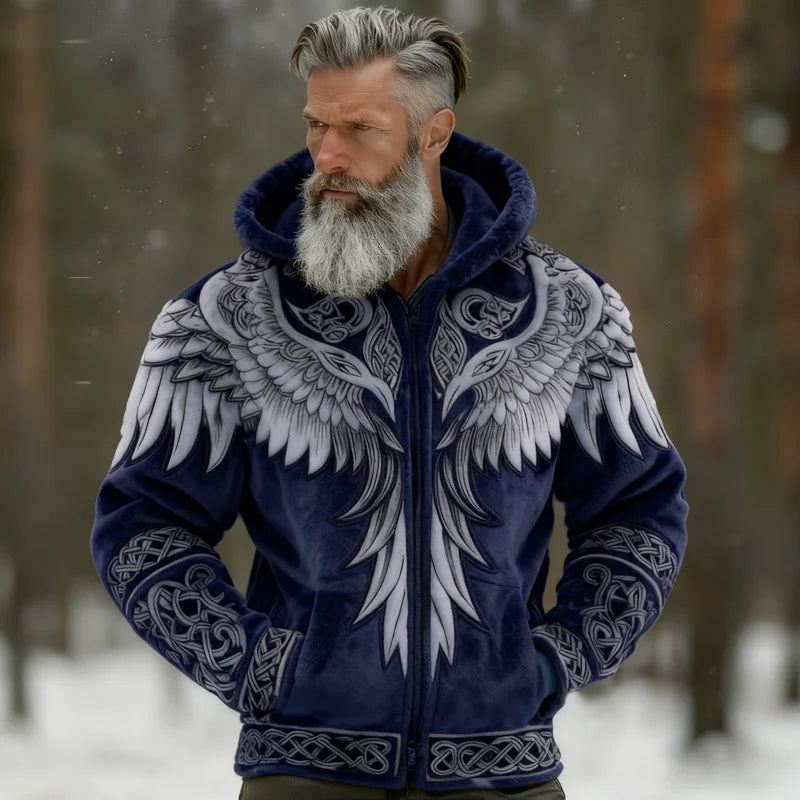 Cardydony Men's Viking Tribal Jacquard Celtic With Wings Inspired Art Plush Warm Zipped Hooded Jacket