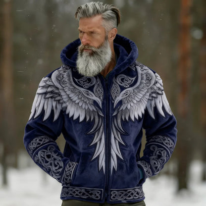 Cardydony Men's Viking Tribal Jacquard Celtic With Wings Inspired Art Plush Warm Zipped Hooded Jacket