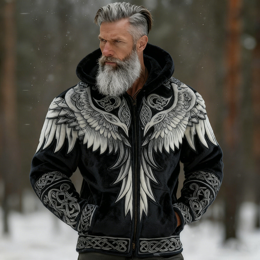 Cardydony Men's Viking Tribal Jacquard Celtic With Wings Inspired Art Plush Warm Zipped Hooded Jacket