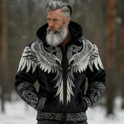 Cardydony Men's Viking Tribal Jacquard Celtic With Wings Inspired Art Plush Warm Zipped Hooded Jacket