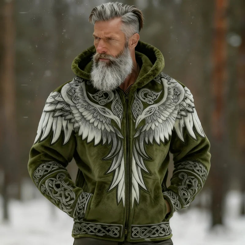 Cardydony Men's Viking Tribal Jacquard Celtic With Wings Inspired Art Plush Warm Zipped Hooded Jacket