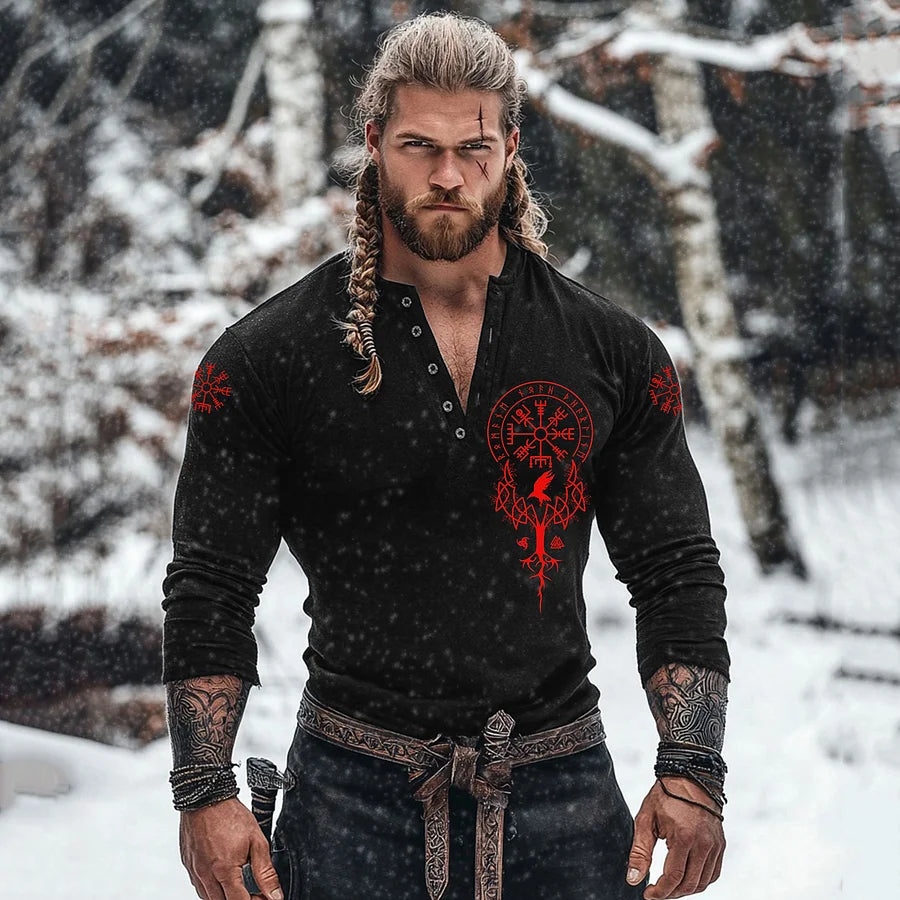 Cardydony Men's Viking Tribe Basic Button V-neck Long Sleeve T-shirt