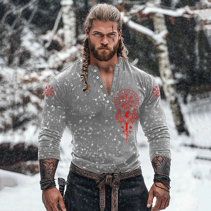 Cardydony Men's Viking Tribe Basic Button V-neck Long Sleeve T-shirt