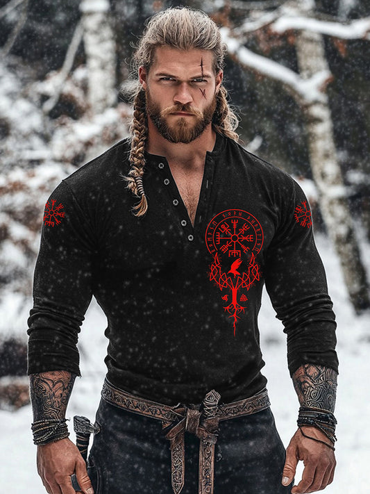 Cardydony Men's Viking Tribe Basic Button V-neck Long Sleeve T-shirt