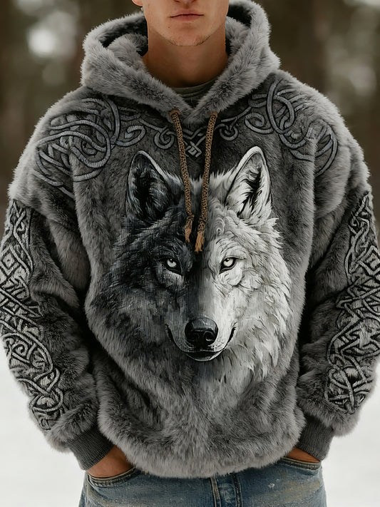 Cardydony Men's Viking Wolf Celtic Art Flannel Cozy Warm Hoodie