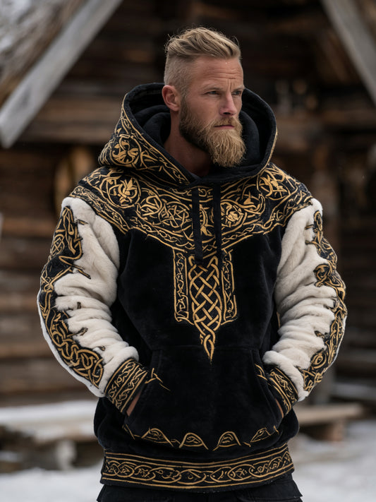 Cardydony Men's Vintage Celtic Knot Pattern Color-block Plush Hooded Sweatshirt