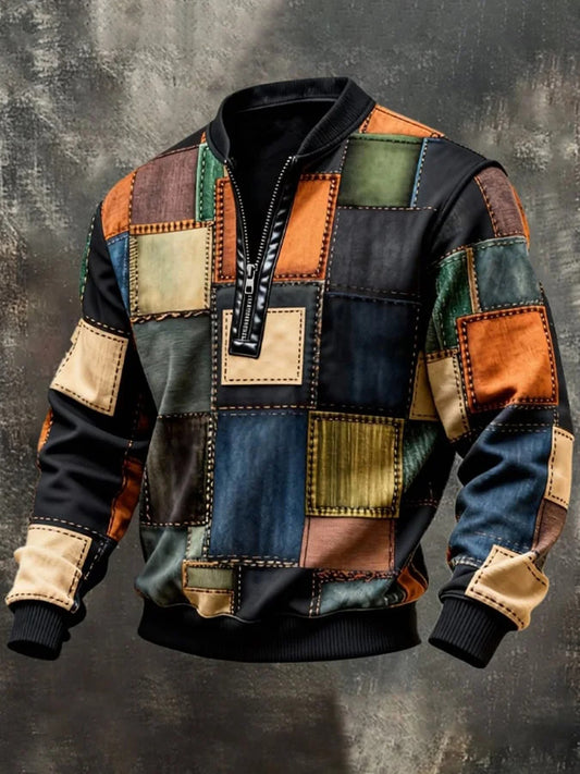 Cardydony Men's Vintage Color-block Printed Zip-up Hoodie