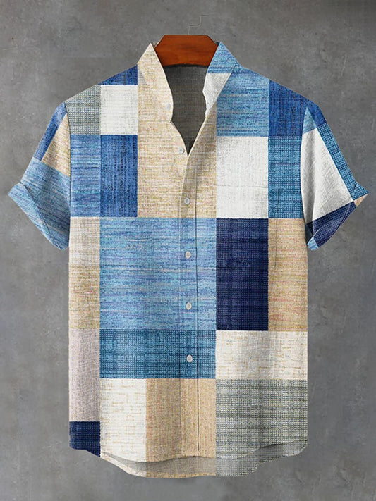 Cardydony Men's Vintage Colorful Geometric Block Print Casual Shirt