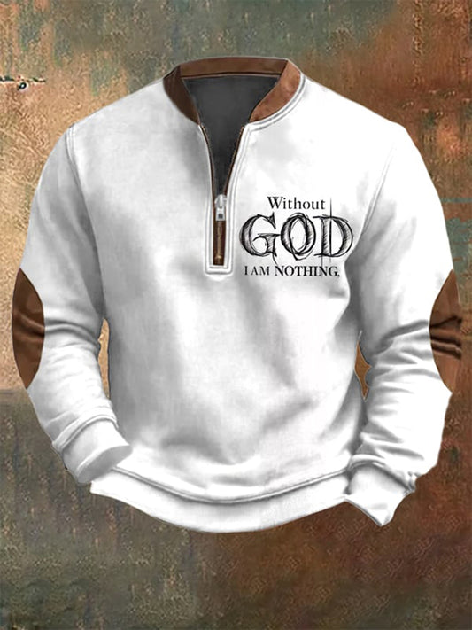 Cardydony Men's Vintage Faith Without God I Am Nothing Printed Zip Collar Sweatshirt