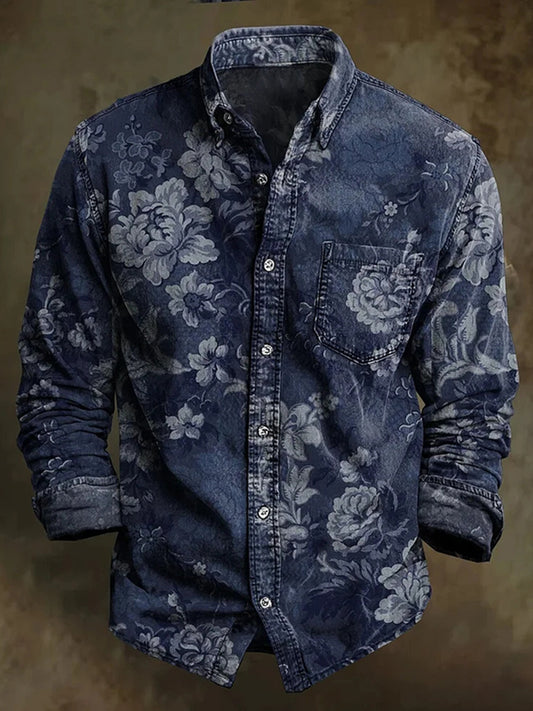 Cardydony Men's Vintage Floral Art Printed Cozy Long Sleeve Shirt