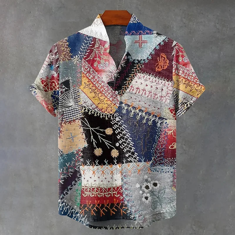 Cardydony Men's Vintage Floral Patchwork Art Print Casual Shirt