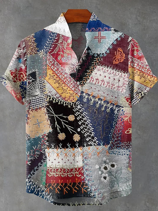 Cardydony Men's Vintage Floral Patchwork Art Print Casual Shirt