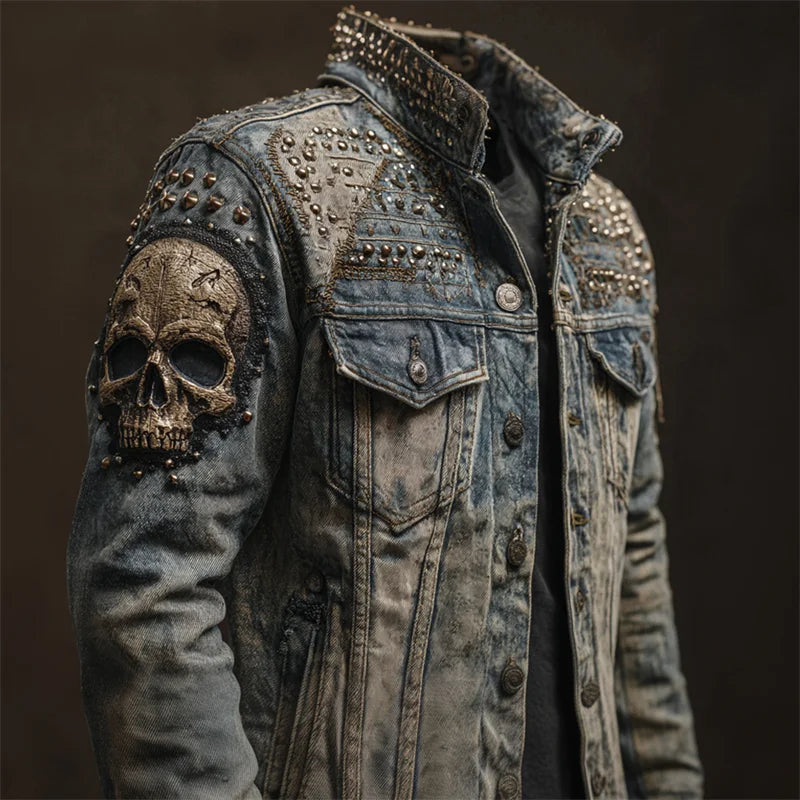 Cardydony Men's Vintage Rock Skull Studded Washed Denim Jacket