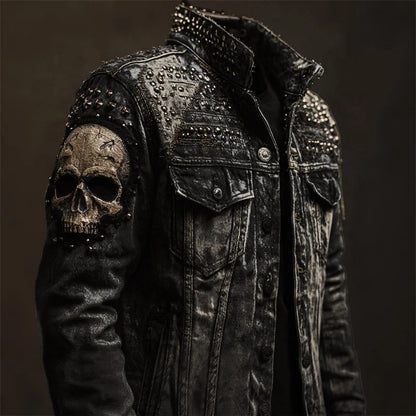 Cardydony Men's Vintage Rock Skull Studded Washed Denim Jacket