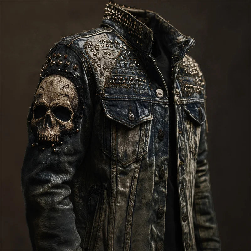 Cardydony Men's Vintage Rock Skull Studded Washed Denim Jacket