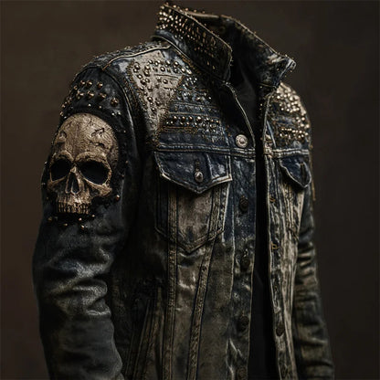 Cardydony Men's Vintage Rock Skull Studded Washed Denim Jacket