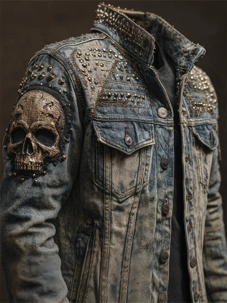 Cardydony Men's Vintage Rock Skull Studded Washed Denim Jacket