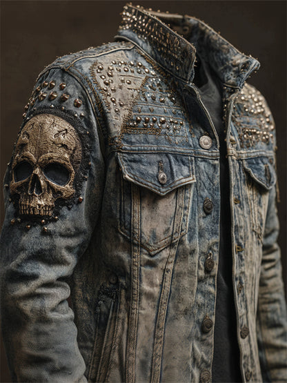 Cardydony Men's Vintage Rock Skull Studded Washed Denim Jacket
