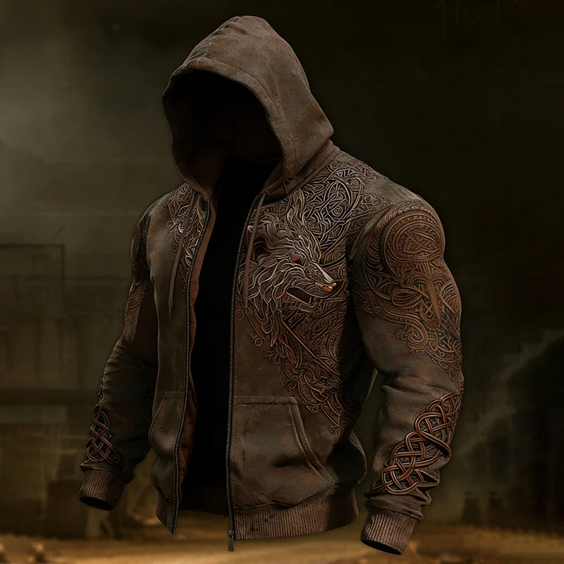 Cardydony Men's Vintage Viking Wolf Celtic Zipper Up Casual Hoodie