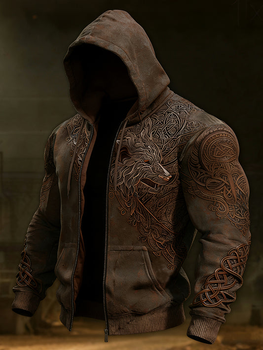 Cardydony Men's Vintage Viking Wolf Celtic Zipper Up Casual Hoodie