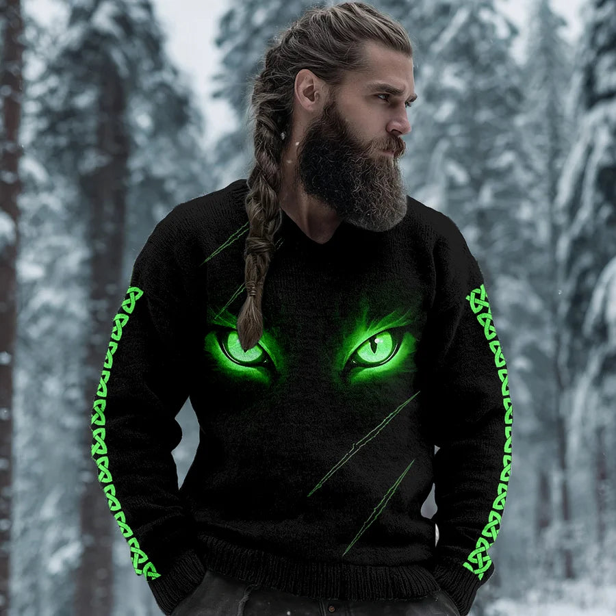 Cardydony Men's Wolf Wolf Eyes Celtic Knot V Neck Cozy Knit Sweater