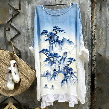 Cardydony Mountains Landscape Japanese Art Gradient Flowy Linen Tunic