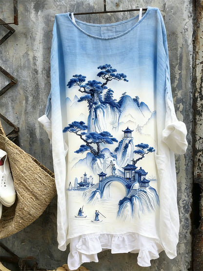 Cardydony Mountains Landscape Japanese Art Gradient Flowy Linen Tunic