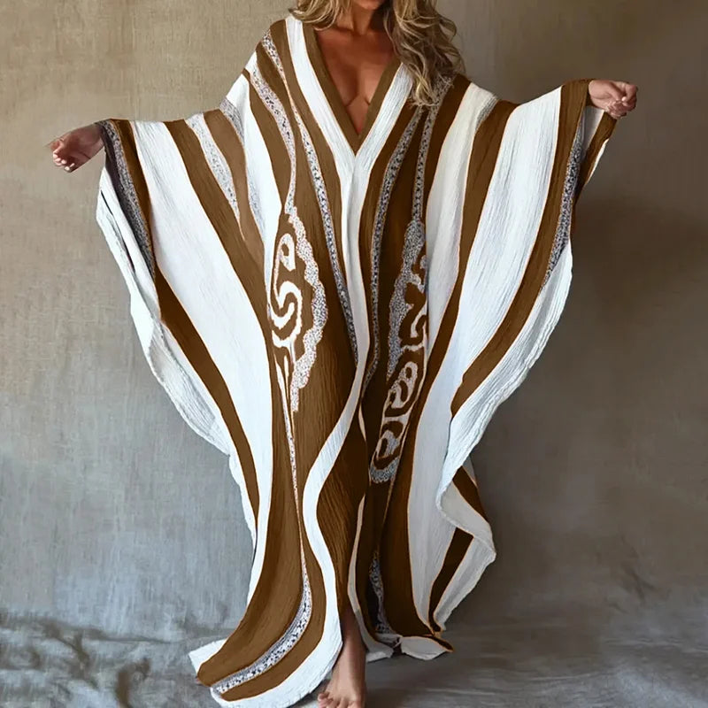 Cardydony Nomad Spirit Ladies' Brushstroke Symphony Art Linen V-neck Long Kaftan