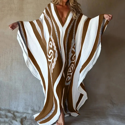 Cardydony Nomad Spirit Ladies' Brushstroke Symphony Art Linen V-neck Long Kaftan