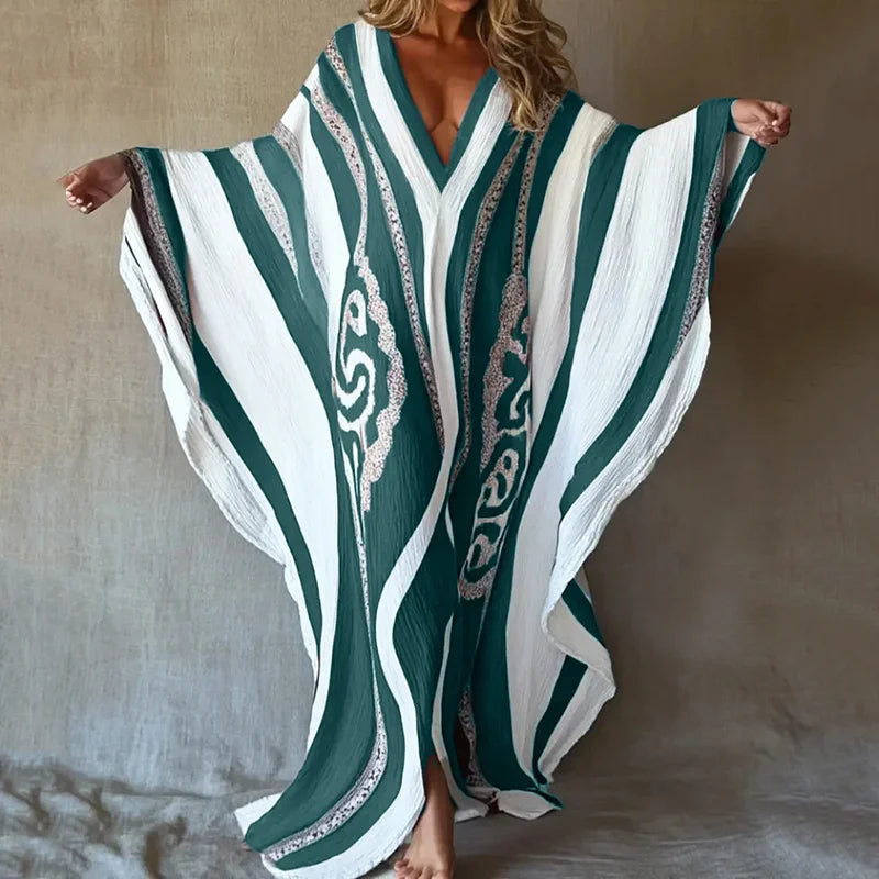 Cardydony Nomad Spirit Ladies' Brushstroke Symphony Art Linen V-neck Long Kaftan
