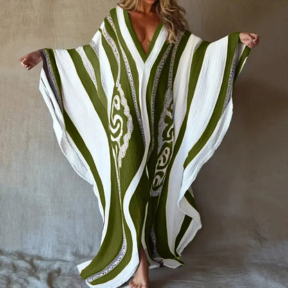 Cardydony Nomad Spirit Ladies' Brushstroke Symphony Art Linen V-neck Long Kaftan
