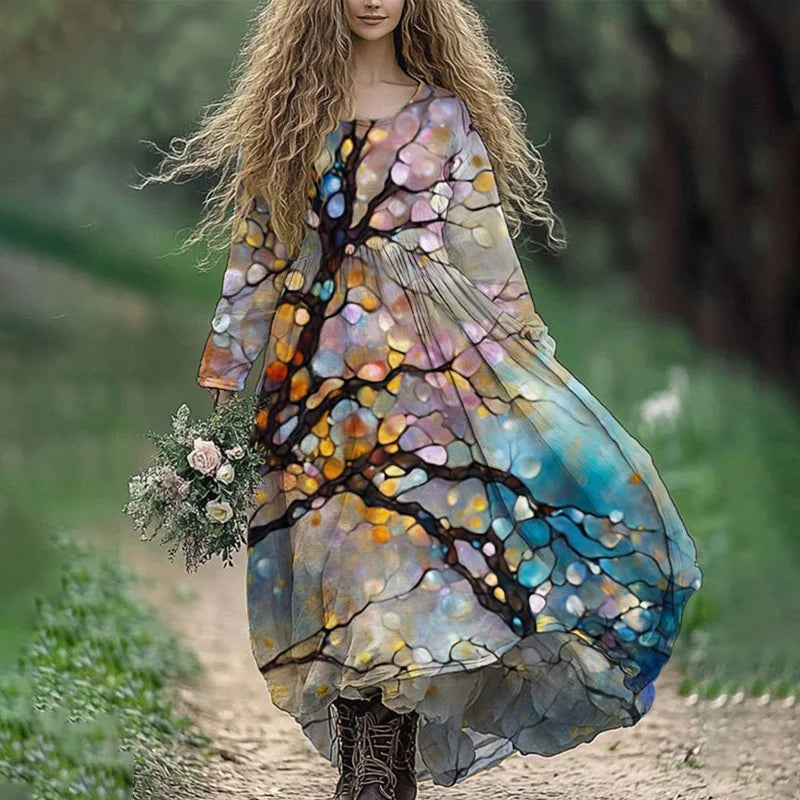 Cardydony Oil Flower Tree Art Women's Linen Maxi Dress